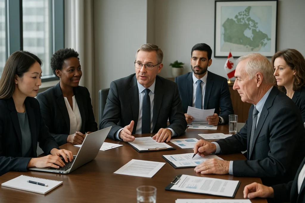 A group of business people engaged in discussion around a conference table