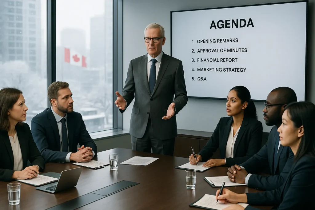 A suited man delivers a presentation to an audience on effectively chairing board meetings in Canada