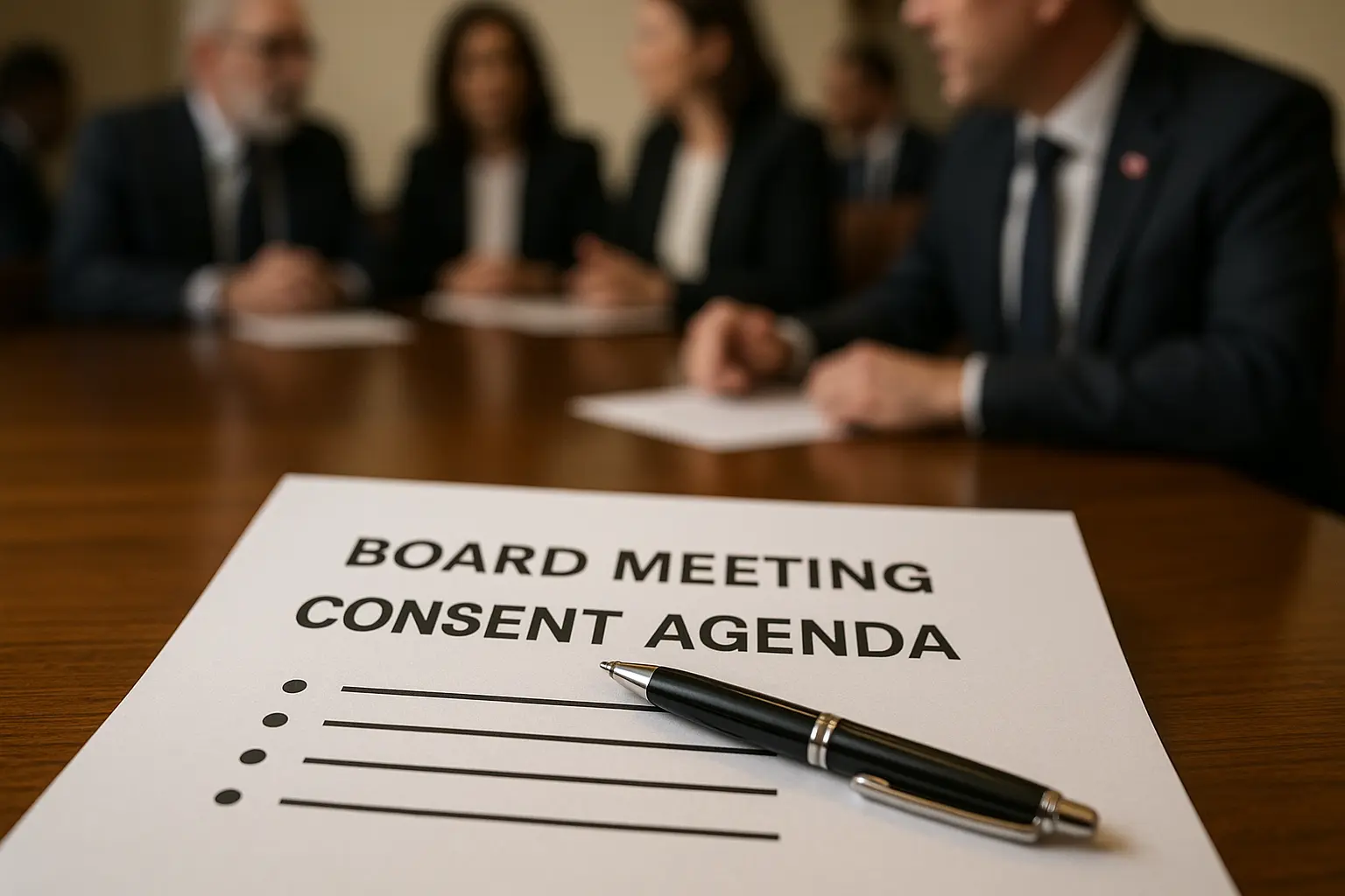 Close-up of a consent agenda document with a pen on a boardroom table