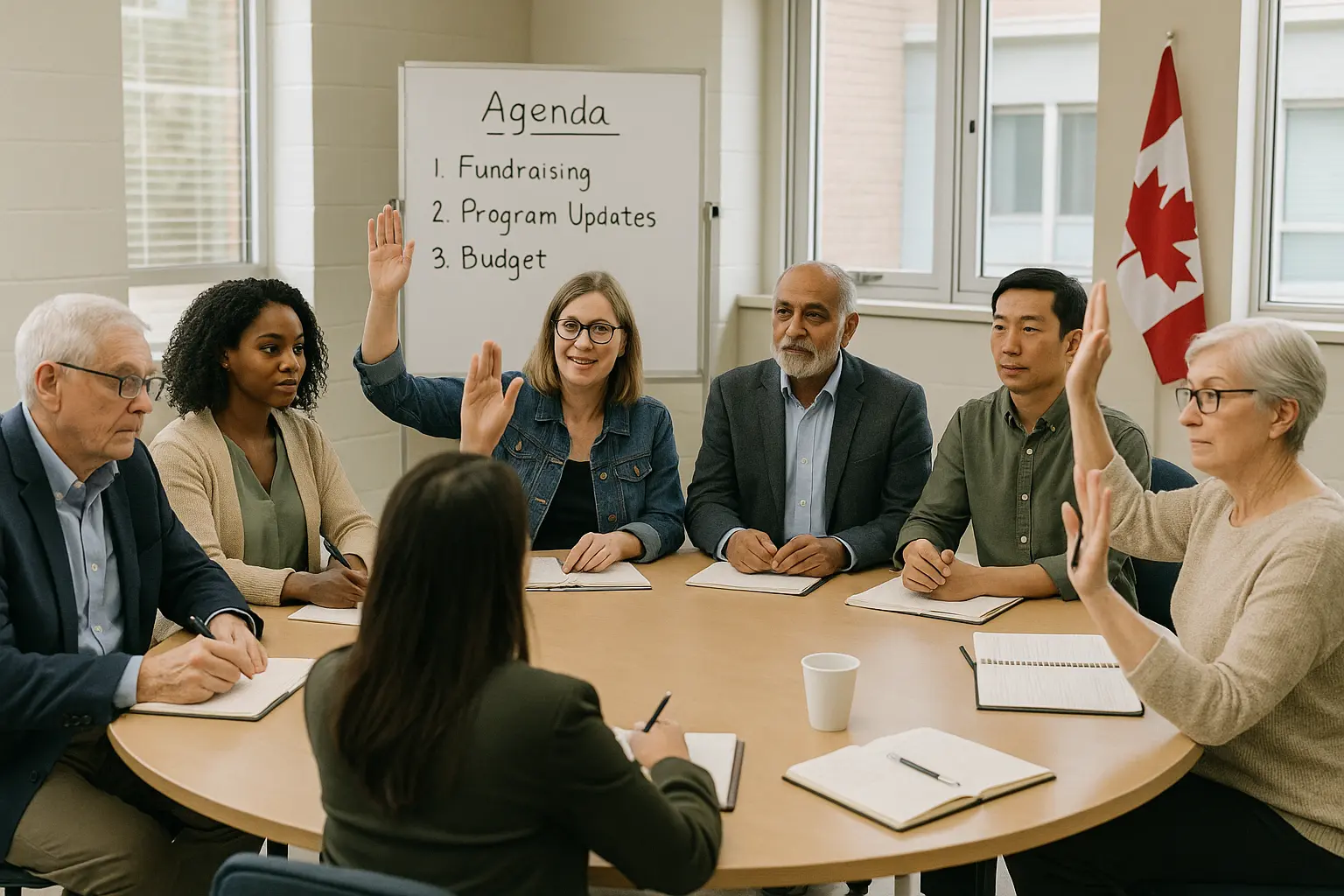 Nonprofit board members in Canada raising hands to vote during a meeting with agenda on whiteboard