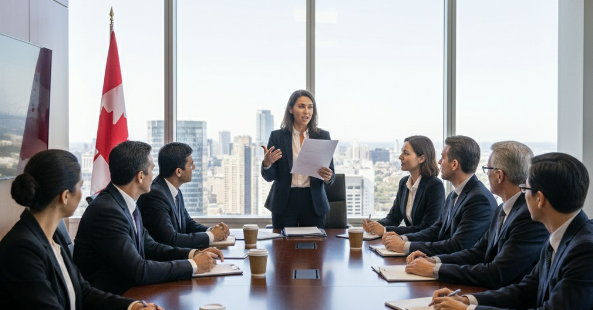 Board member standing and presenting a motion during a meeting
