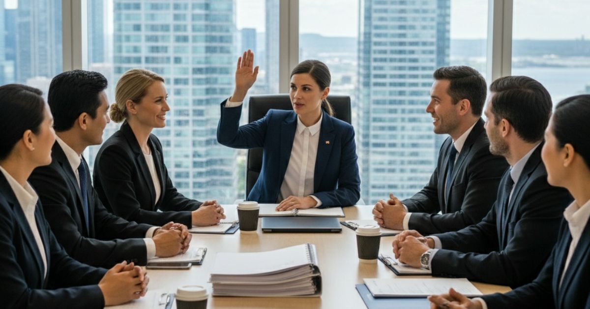 Board members in a meeting, with one woman raising her hand to make a motion