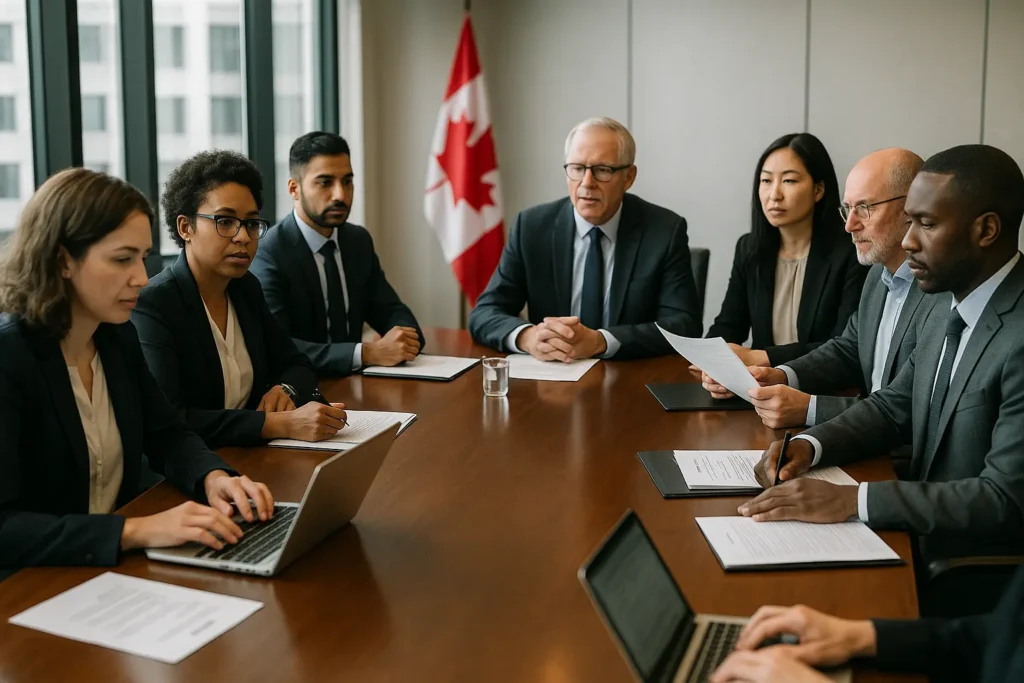 Board members meeting with Canadian flag