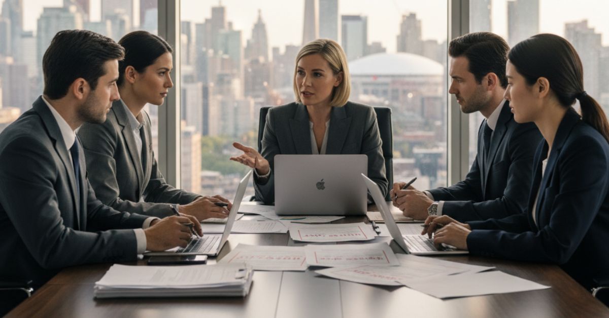 Board members in a meeting with Toronto skyline visible through the window.