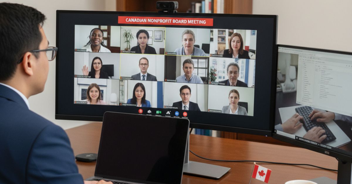 Person taking board meeting minutes during an online video conference.