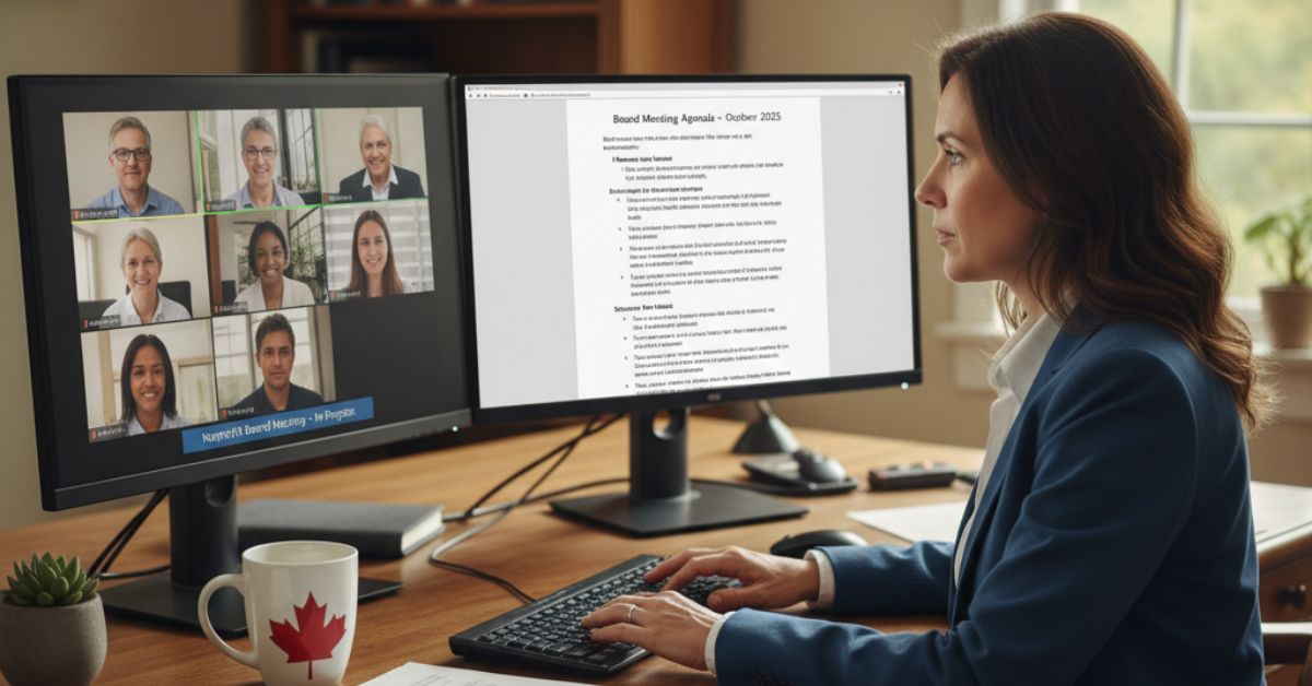 Woman reviewing board meeting agenda during an online video conference.
