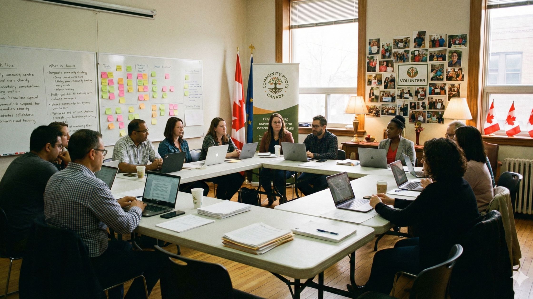 Charity board meeting in a Canadian community office