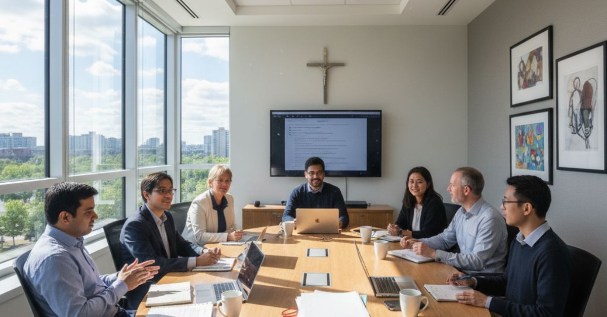 Church board meeting in modern room.