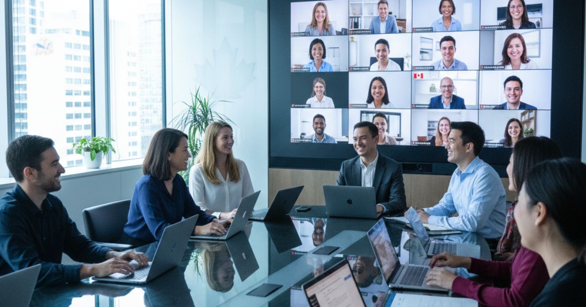 Hybrid nonprofit board meeting with members in office and on video call.
