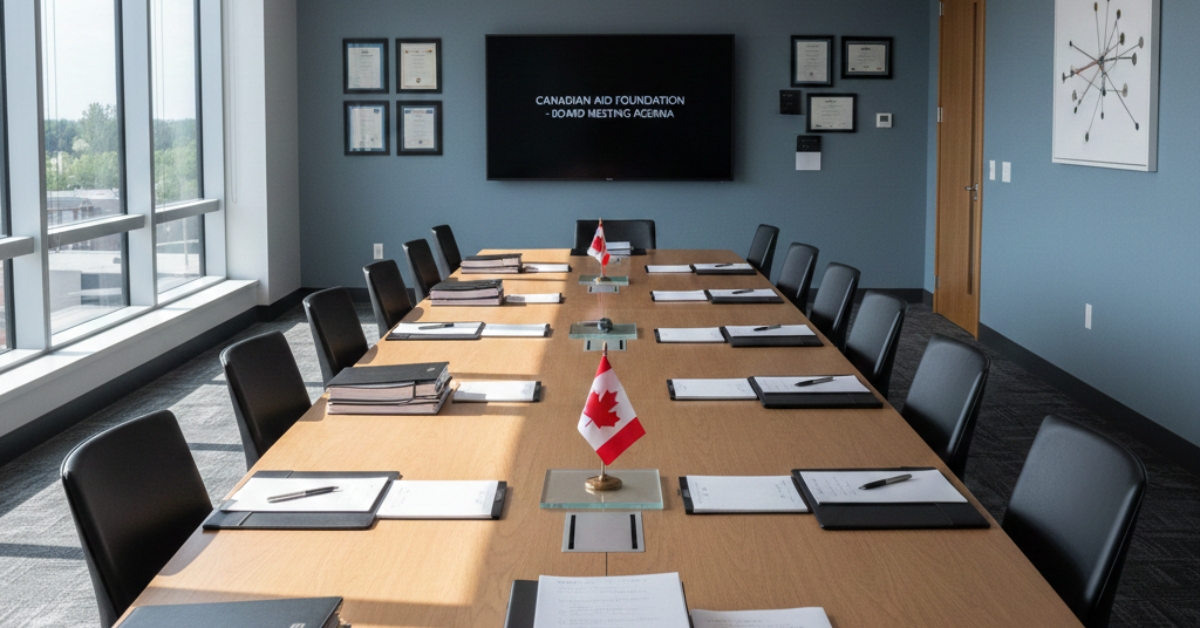 Canadian charity boardroom with meeting minutes on table.