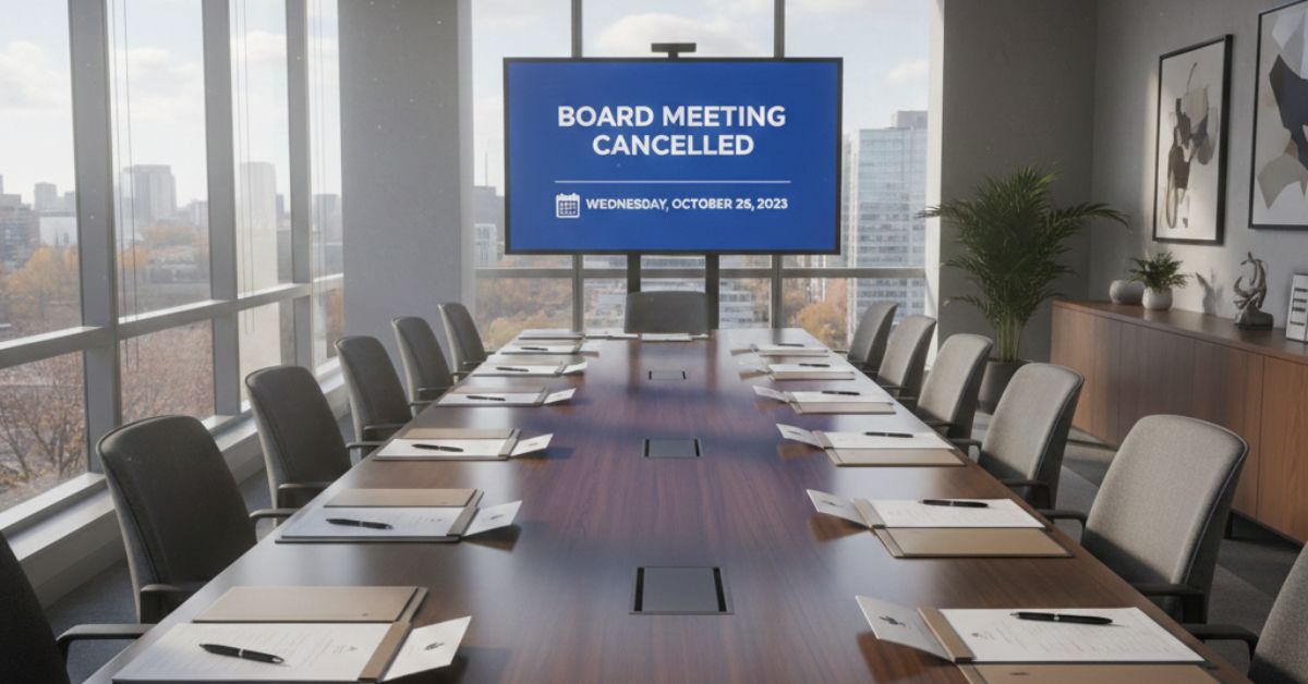 Cancelled Canadian charity board meeting in an empty boardroom
