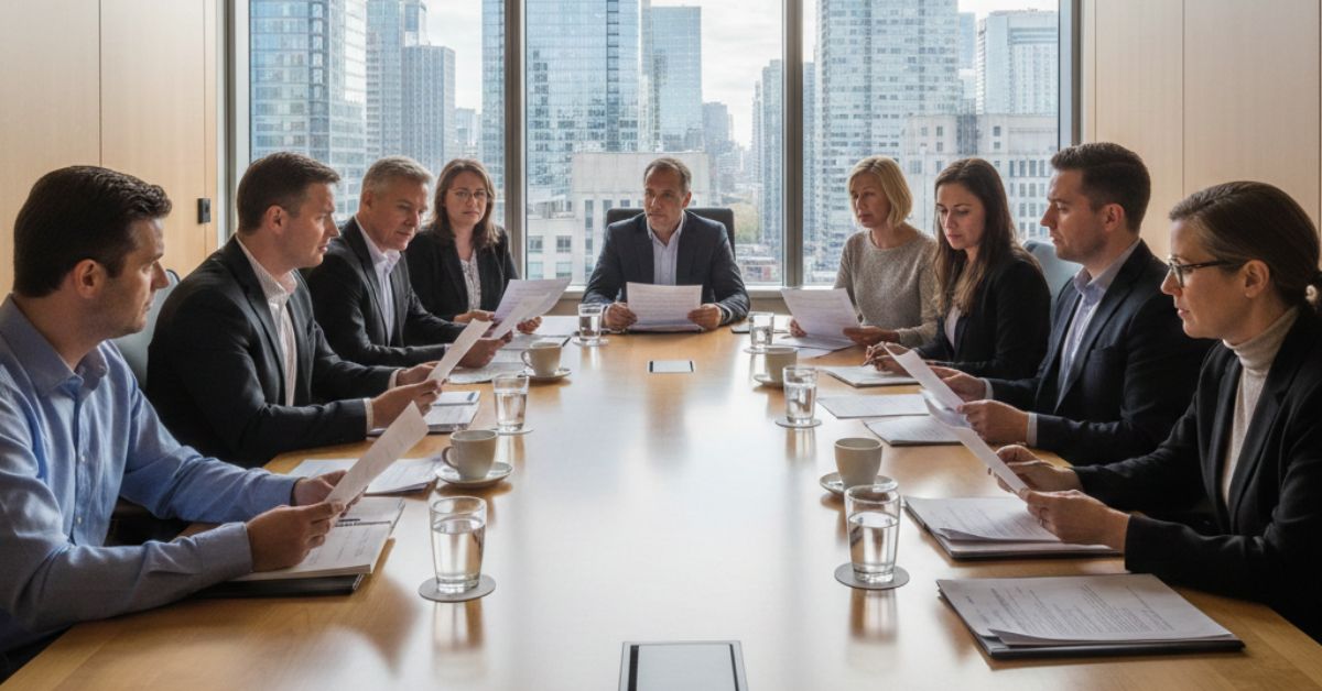 Charity board members reviewing documents at a meeting
