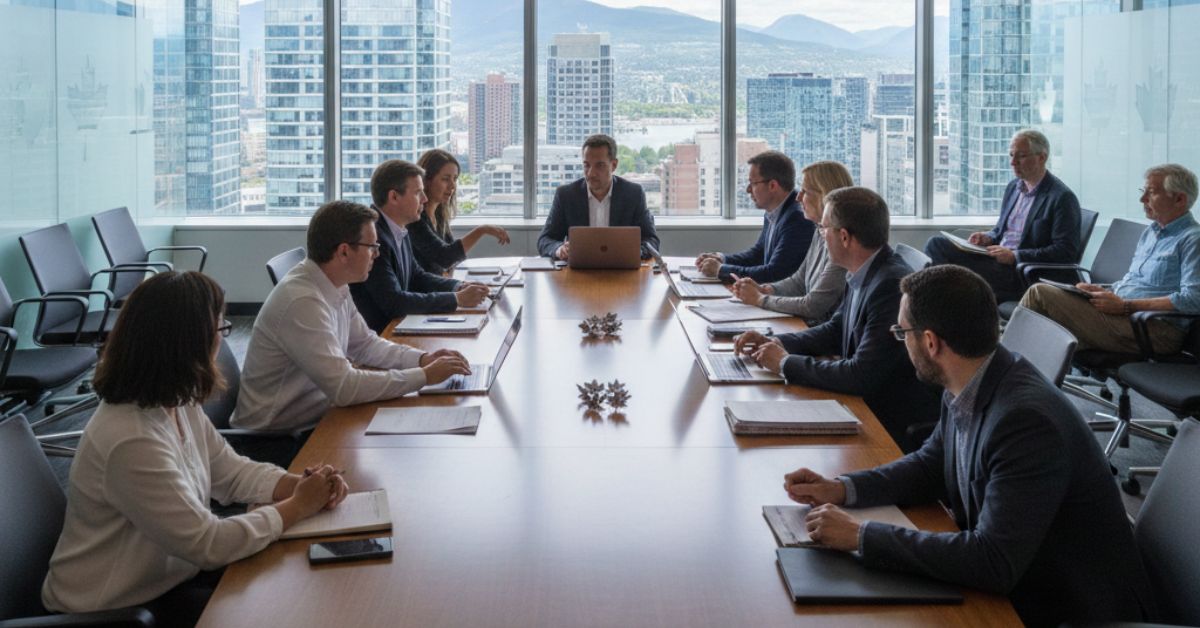 Canadian charity board meeting in a modern boardroom