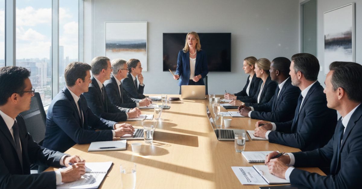 Chairperson standing and calling a charity board meeting to order