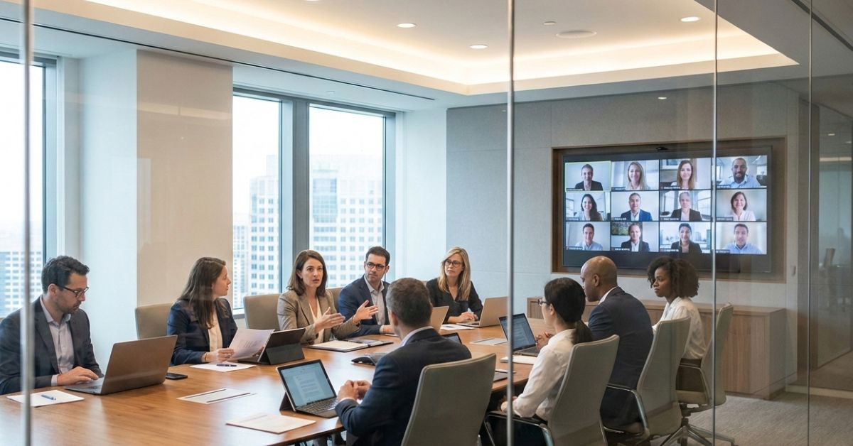 Virtual board meeting with executives and remote participants on screen