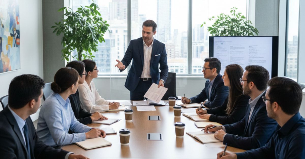 Canadian charity board meeting discussion in a modern conference room.