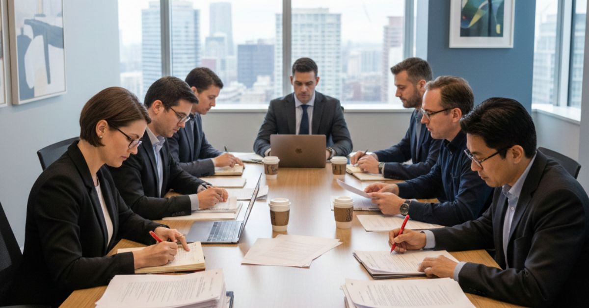 Charity board reviewing meeting minutes in Canada.