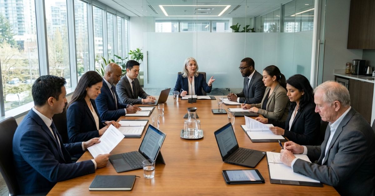 Canadian charity board meeting discussing a motion